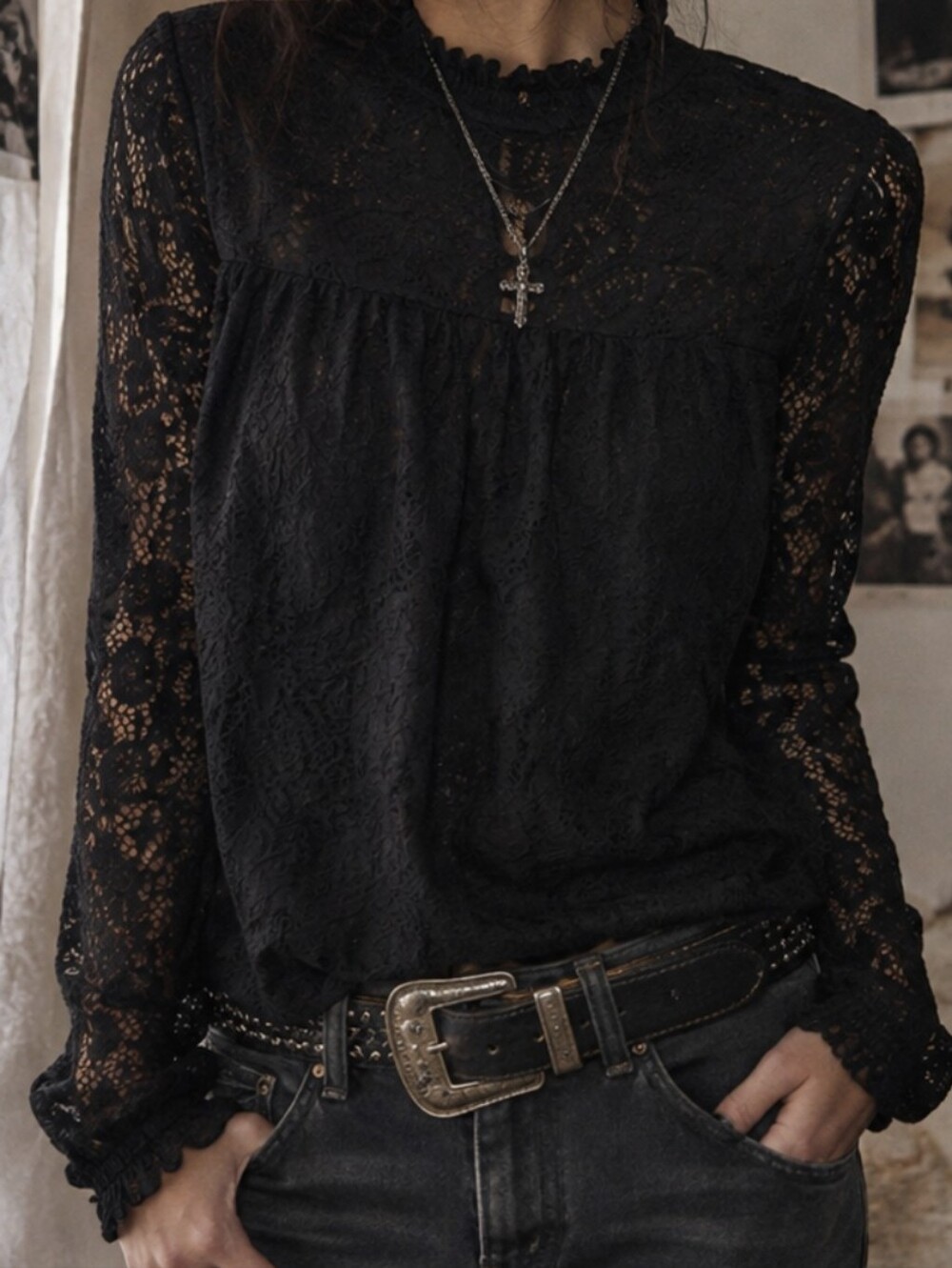 Cable & Gauge Black Floral Lace Long Sleeve Blouse/ S/P/ Goth/ Romantic Grunge